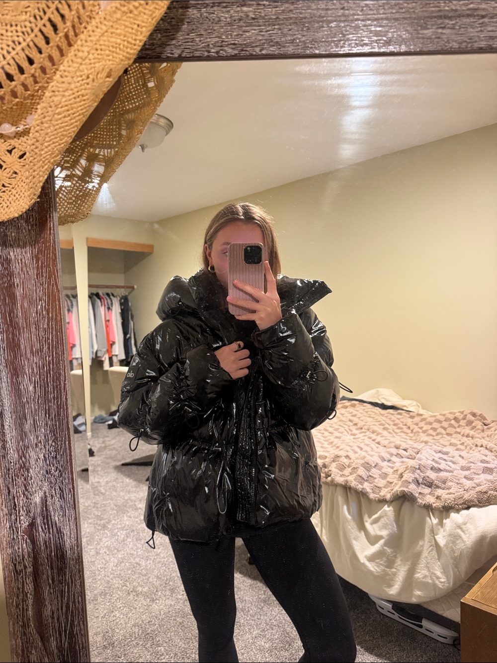 ALO Yoga Black Glossy High-Shine Puffer Jacket with Oversized Collar